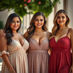 Three voluptuous and busty 25-year-old Italian women standing together in stylish short babydoll frocks that tastefully showcase their cleavage