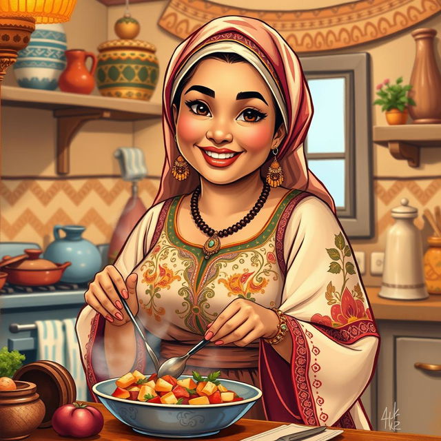 A cute, thicc Libyan woman, depicted as a busty wife in a cozy kitchen setting, engaged in preparing a delicious traditional dish