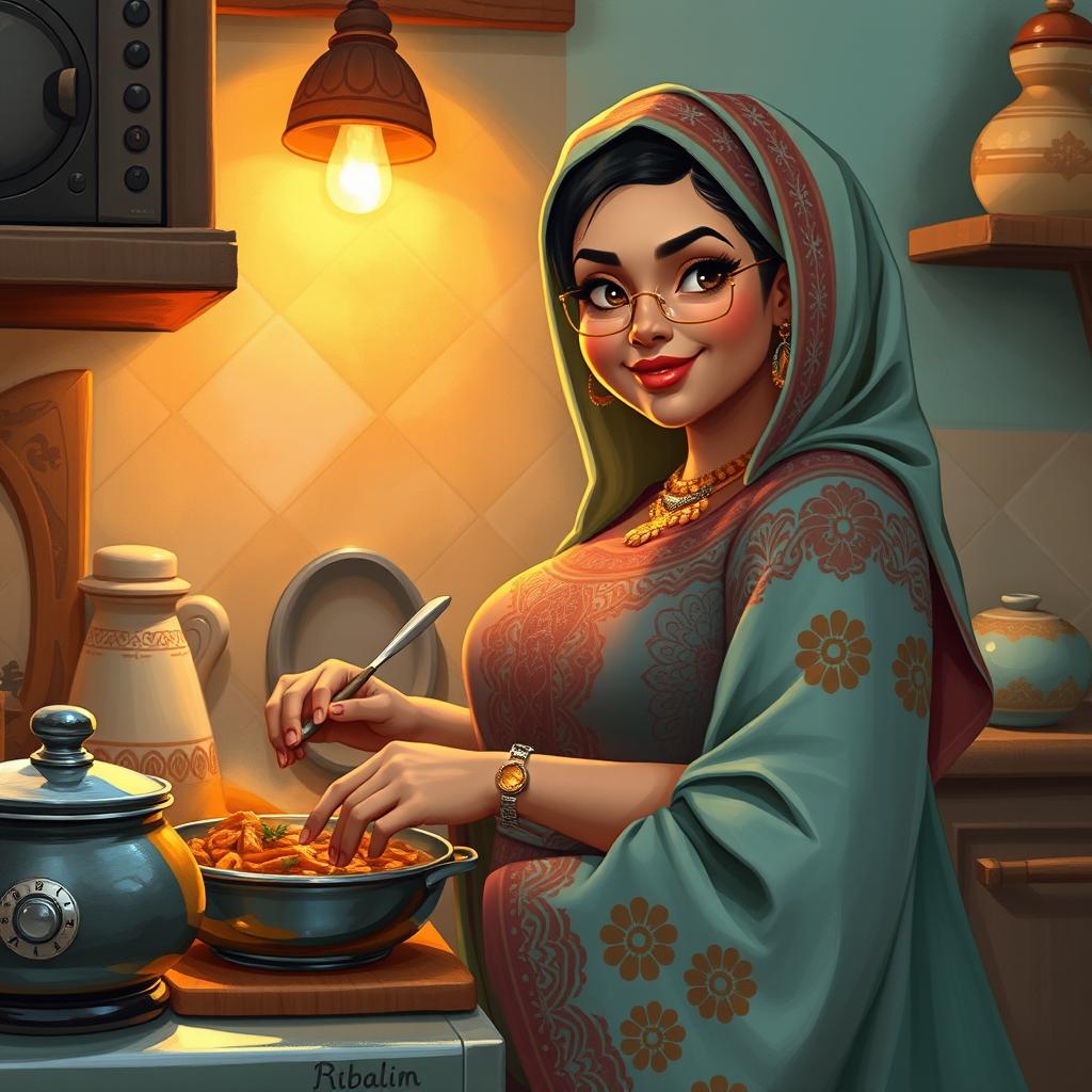 A cute, thicc Libyan woman, depicted as a busty wife in a cozy kitchen setting, engaged in preparing a delicious traditional dish