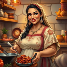 A cute, thicc Libyan woman, depicted as a busty wife in a cozy kitchen setting, engaged in preparing a delicious traditional dish