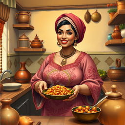A cute, thicc Libyan woman, depicted as a busty wife in a cozy kitchen setting, engaged in preparing a delicious traditional dish