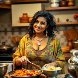 A cute and voluptuous 25-year-old Libyan woman in a cozy kitchen, depicted while preparing a delicious traditional dish