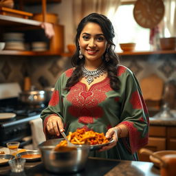 A cute and voluptuous 25-year-old Libyan woman in a cozy kitchen, depicted while preparing a delicious traditional dish