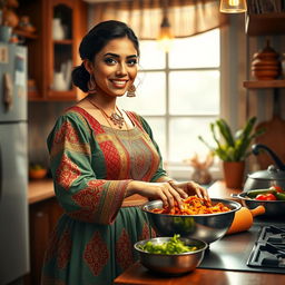 A cute and voluptuous 25-year-old Libyan woman in a cozy kitchen, depicted while preparing a delicious traditional dish
