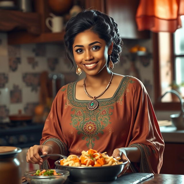 A cute and voluptuous 25-year-old Libyan woman in a cozy kitchen, depicted while preparing a delicious traditional dish