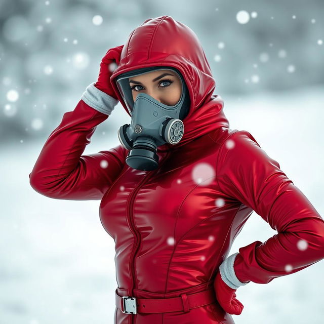 A hot woman standing confidently in a tight red shiny arctic immersion suit that accentuates her silhouette