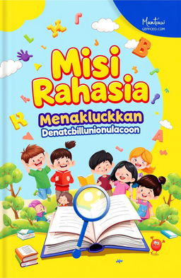A vibrant and engaging book cover design for a children's educational book titled 'Misi Rahasia: Menaklukkan Dunia Buku'
