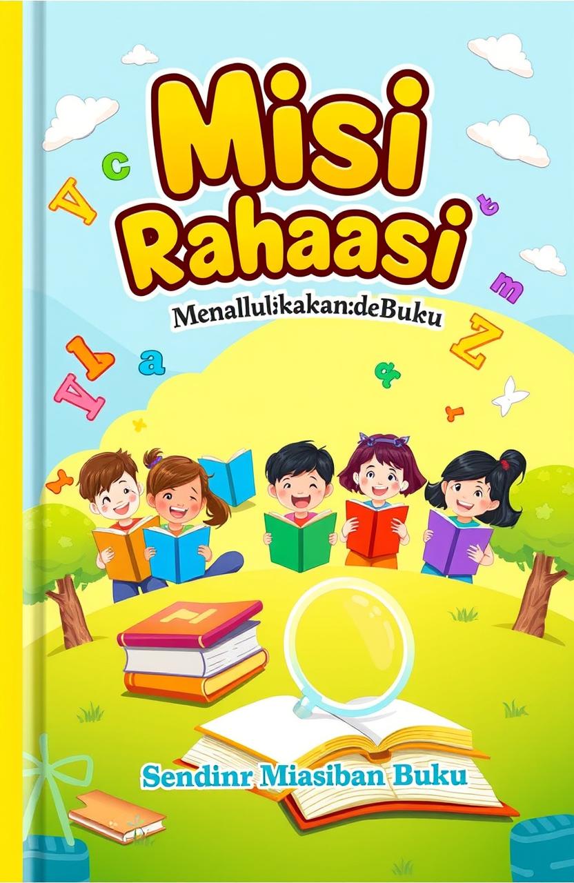 A vibrant and engaging book cover design for a children's educational book titled 'Misi Rahasia: Menaklukkan Dunia Buku'