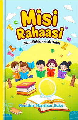 A vibrant and engaging book cover design for a children's educational book titled 'Misi Rahasia: Menaklukkan Dunia Buku'