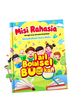A vibrant and engaging book cover design for a children's educational book titled 'Misi Rahasia: Menaklukkan Dunia Buku'