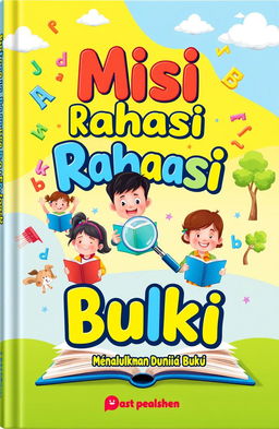 A vibrant and engaging book cover design for a children's educational book titled 'Misi Rahasia: Menaklukkan Dunia Buku'