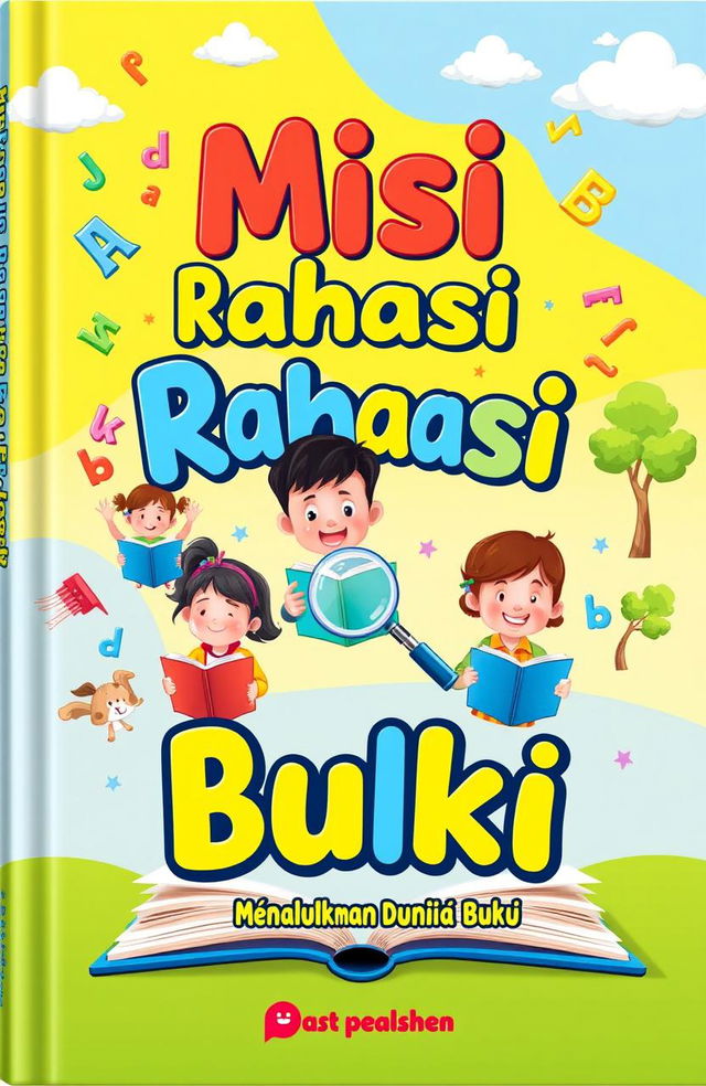 A vibrant and engaging book cover design for a children's educational book titled 'Misi Rahasia: Menaklukkan Dunia Buku'