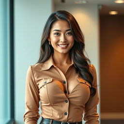 A beautiful woman of Indo-Korean descent with striking features and an alluring presence, dressed in a stylish and form-fitting inspector's uniform