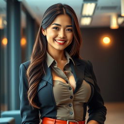A beautiful woman of Indo-Korean descent with striking features and an alluring presence, dressed in a stylish and form-fitting inspector's uniform