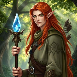 A male elf cleric and ranger with long, flowing red hair, standing in a mystical forest