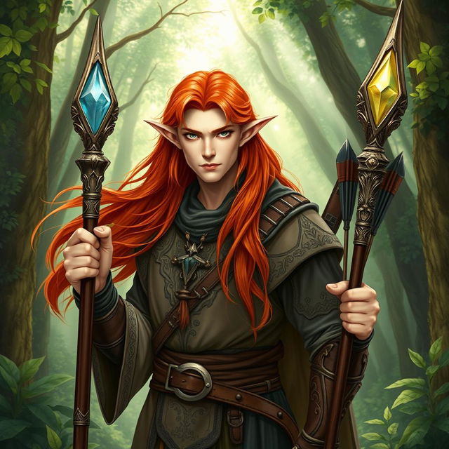 A male elf cleric and ranger with long, flowing red hair, standing in a mystical forest