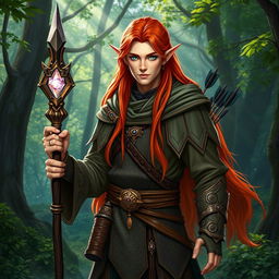 A male elf cleric and ranger with long, flowing red hair, standing in a mystical forest