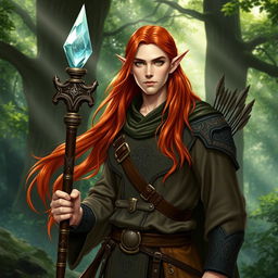 A male elf cleric and ranger with long, flowing red hair, standing in a mystical forest