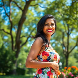 A beautiful Indian woman in her 40s, confidently enjoying an outdoor setting in the USA, surrounded by lush greenery
