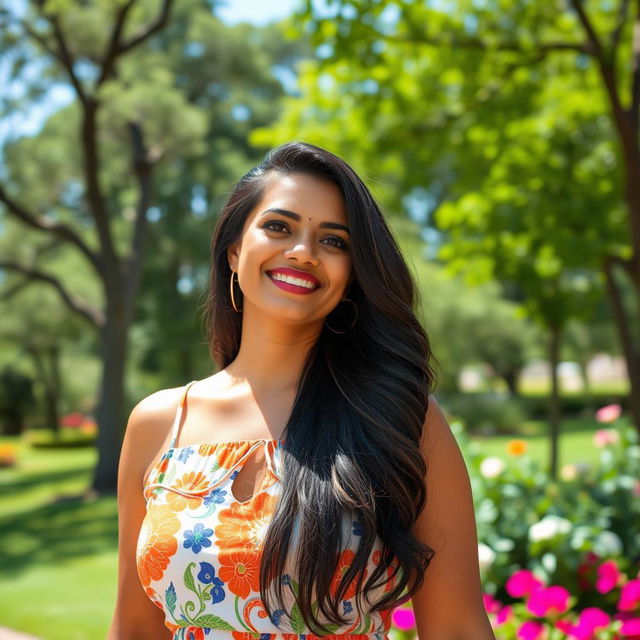 A beautiful Indian woman in her 40s, confidently enjoying an outdoor setting in the USA, surrounded by lush greenery