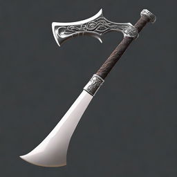 A formidable and spooky looking axe, its handle created from the stark white bones derived from a demon, its blade glowing with a chilling luminosity