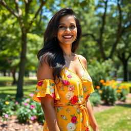 A beautiful Indian woman in her 40s, confidently enjoying an outdoor setting in the USA, surrounded by lush greenery