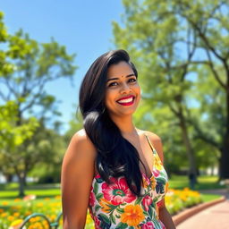 A beautiful Indian woman in her 40s, confidently enjoying an outdoor setting in the USA, surrounded by lush greenery