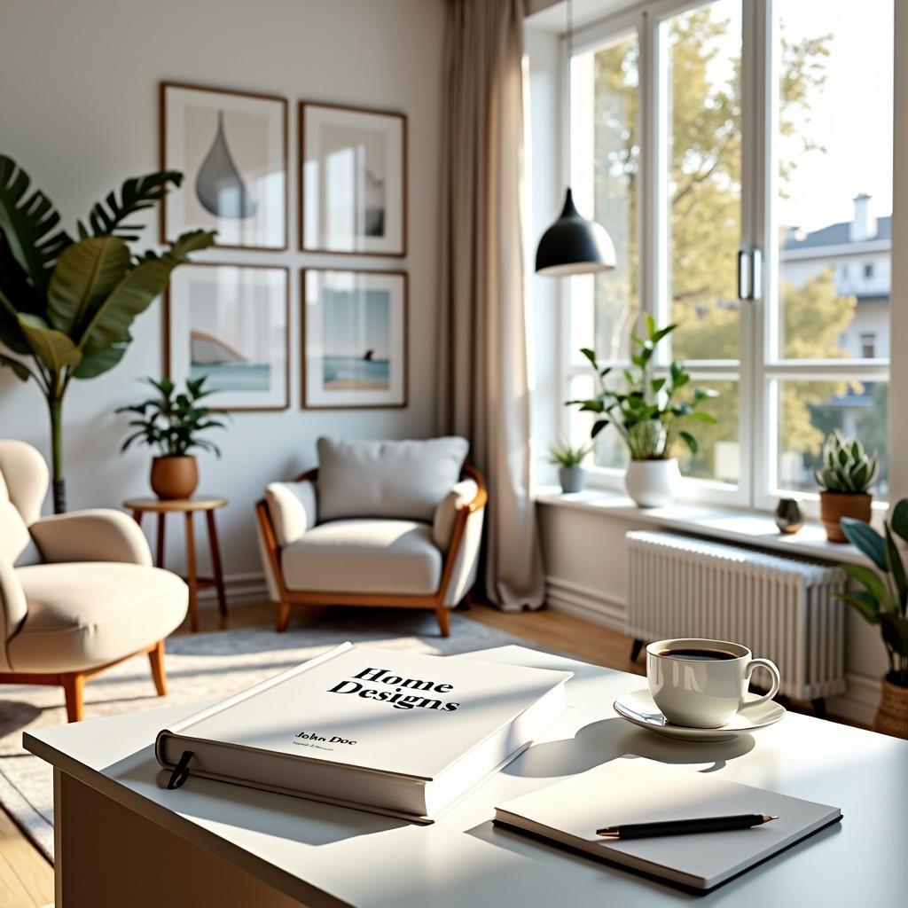 A beautiful modern book titled 'Home Designs' by John Doe resting on a sleek Scandinavian desk