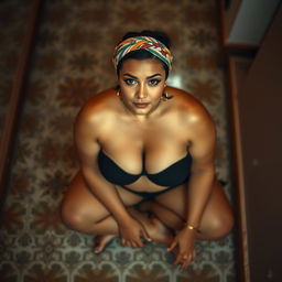 A voluptuous, busty 25-year-old white woman wearing a colorful headband, sitting comfortably on a beautifully patterned tiled floor