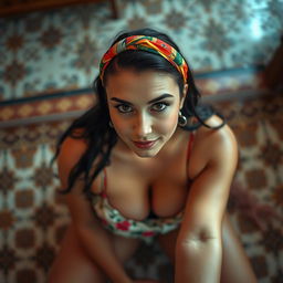 A voluptuous, busty 25-year-old white woman wearing a colorful headband, sitting comfortably on a beautifully patterned tiled floor