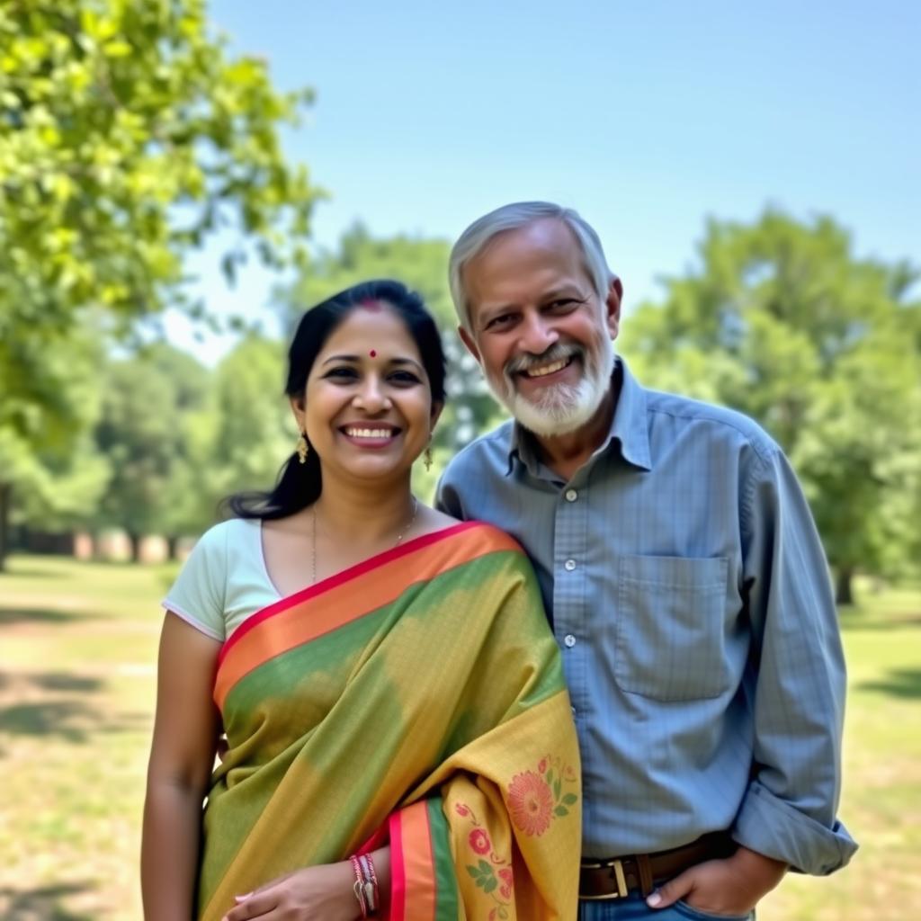 A 32-year-old Indian woman, dressed in a vibrant traditional saree, smiles warmly while standing outdoors in a picturesque park setting in the USA