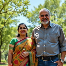 A 32-year-old Indian woman, dressed in a vibrant traditional saree, smiles warmly while standing outdoors in a picturesque park setting in the USA