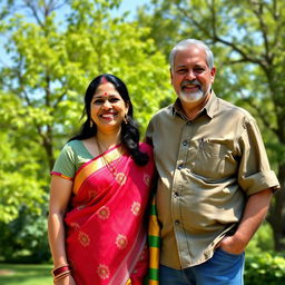 A 32-year-old Indian woman, dressed in a vibrant traditional saree, smiles warmly while standing outdoors in a picturesque park setting in the USA