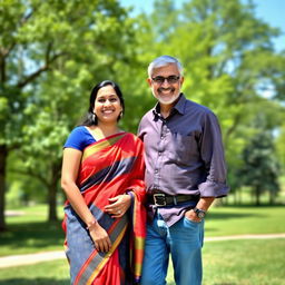 A 32-year-old Indian woman, dressed in a vibrant traditional saree, smiles warmly while standing outdoors in a picturesque park setting in the USA