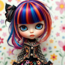 A stylish Blythe doll with vibrant, colorful hair featuring baby bangs, showcasing her large, expressive eyes