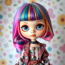 A stylish Blythe doll with vibrant, colorful hair featuring baby bangs, showcasing her large, expressive eyes