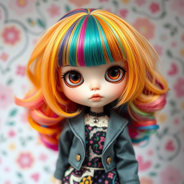 A stylish Blythe doll with vibrant, colorful hair featuring baby bangs, showcasing her large, expressive eyes