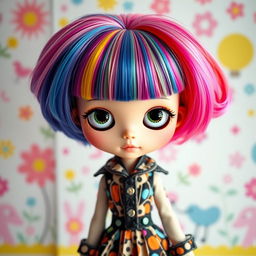 A stylish Blythe doll with vibrant, colorful hair featuring baby bangs, showcasing her large, expressive eyes