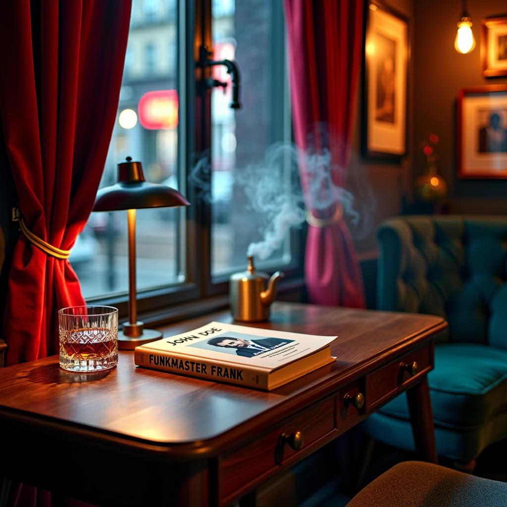 A captivating book titled 'Funkmaster Frank' by John Doe prominently displayed as the feature product, resting on a stylish Scandinavian desk inside a smoky jazz bar