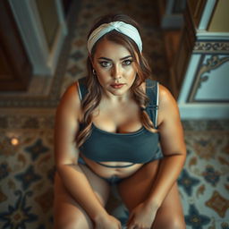 A voluptuous, busty 25-year-old German woman wearing a classic school headband, sitting comfortably on a beautifully designed tiled floor