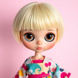 A Blythe doll with baby bangs and short blonde hair, showcasing its unique large eyes and intricate features