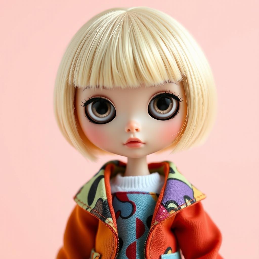 A Blythe doll with baby bangs and short blonde hair, showcasing its unique large eyes and intricate features