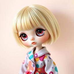 A Blythe doll with baby bangs and short blonde hair, showcasing its unique large eyes and intricate features