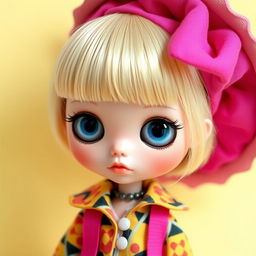 A Blythe doll with baby bangs and short blonde hair, showcasing its unique large eyes and intricate features