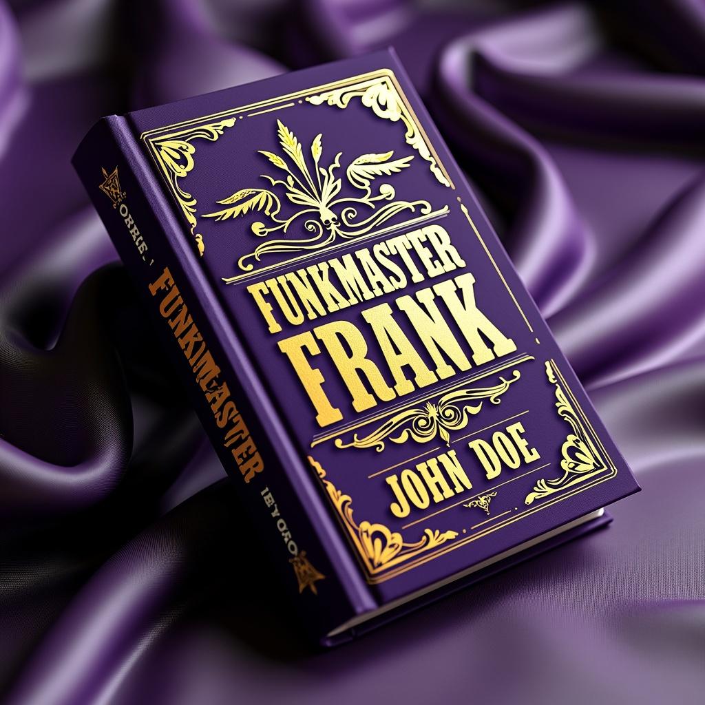 A beautifully designed book cover for 'Funkmaster Frank' by John Doe, featuring an eye-catching combination of purple and gold that exudes a sense of mystery and allure