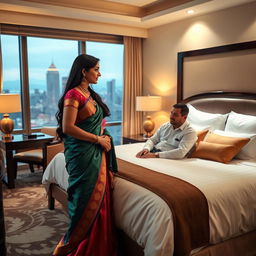 A 28-year-old Indian woman wearing a beautiful, colorful saree, elegantly draped, standing in a luxurious hotel room in the USA
