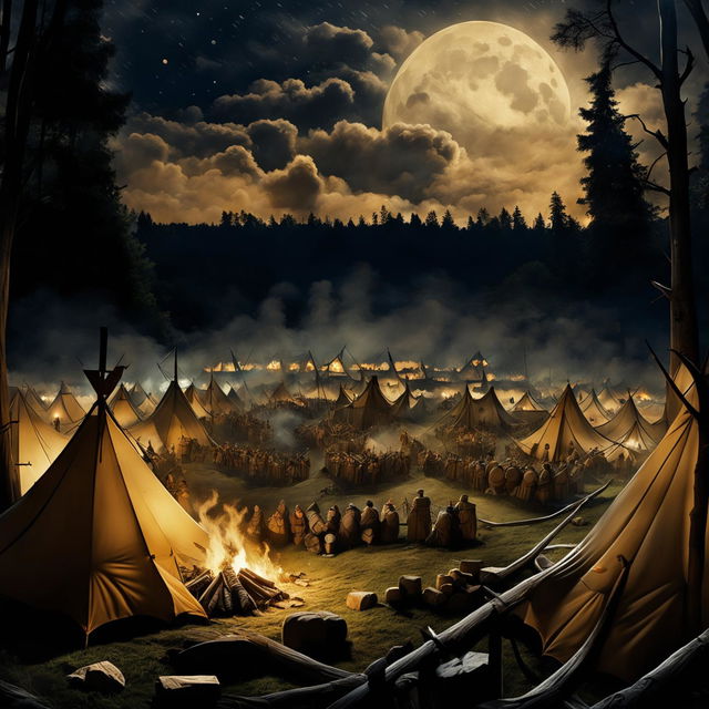 Moonlit medieval war camp with canvas tents, wooden palisade, watchtowers, central bonfire and soldiers sharing tales around it