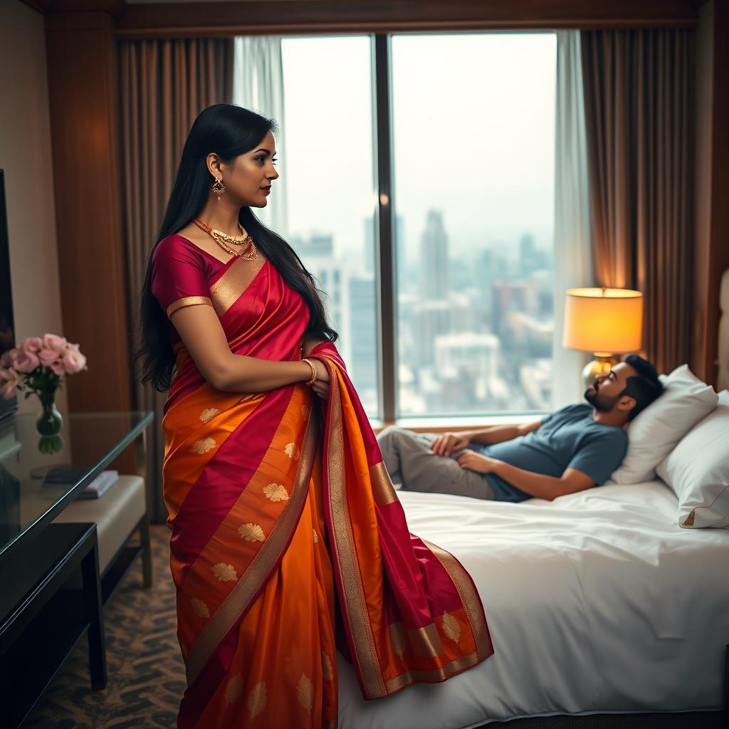 A 28-year-old Indian woman wearing a beautiful, colorful saree, elegantly draped, standing in a luxurious hotel room in the USA
