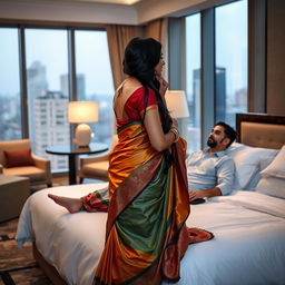 A 28-year-old Indian woman wearing a beautiful, colorful saree, elegantly draped, standing in a luxurious hotel room in the USA