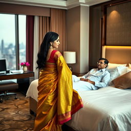 A 28-year-old Indian woman wearing a beautiful, colorful saree, elegantly draped, standing in a luxurious hotel room in the USA
